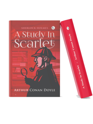 Book mockup of "A Study in Scarlet" by Arthur Conan Doyle featuring an illustrated Sherlock Holmes holding a magnifying glass against a red-toned detective-themed background, displayed in a realistic 3D hardcover format.