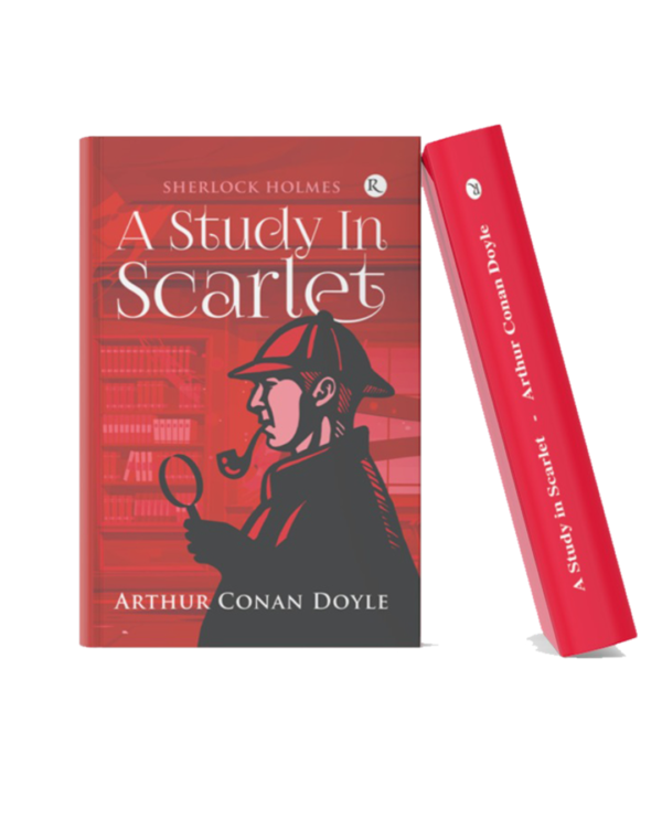 A Study in Scarlet Book mockup of "A Study in Scarlet" by Arthur Conan Doyle featuring an illustrated Sherlock Holmes holding a magnifying glass against a red-toned detective-themed background, displayed in a realistic 3D hardcover format.