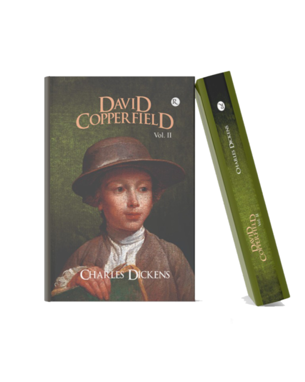 David Copperfield (Vol. II) Book mockup of "David Copperfield Vol. II" by Charles Dickens featuring a classic portrait of a young boy wearing a hat against a dark green background, displayed in a realistic 3D hardcover format.