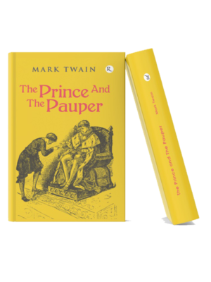 Book cover of The Prince and the Pauper by Mark Twain featuring an illustration of a royal figure seated on a throne and another person bowing before him.