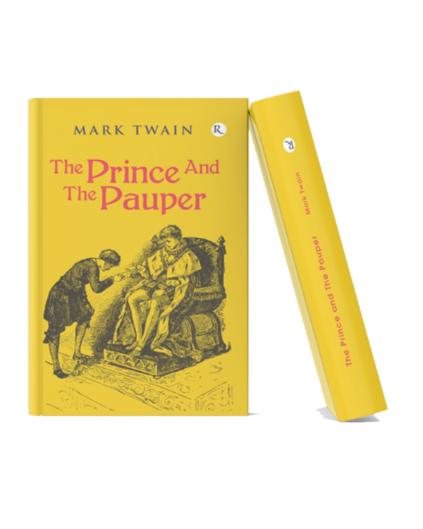 Book cover of The Prince and the Pauper by Mark Twain featuring an illustration of a royal figure seated on a throne and another person bowing before him.