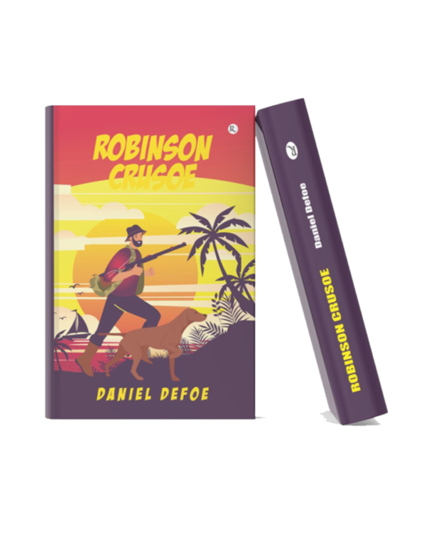 Book cover of Robinson Crusoe by Daniel Defoe featuring a castaway traveler with a dog on a tropical island at sunset, surrounded by palm trees and the sea.