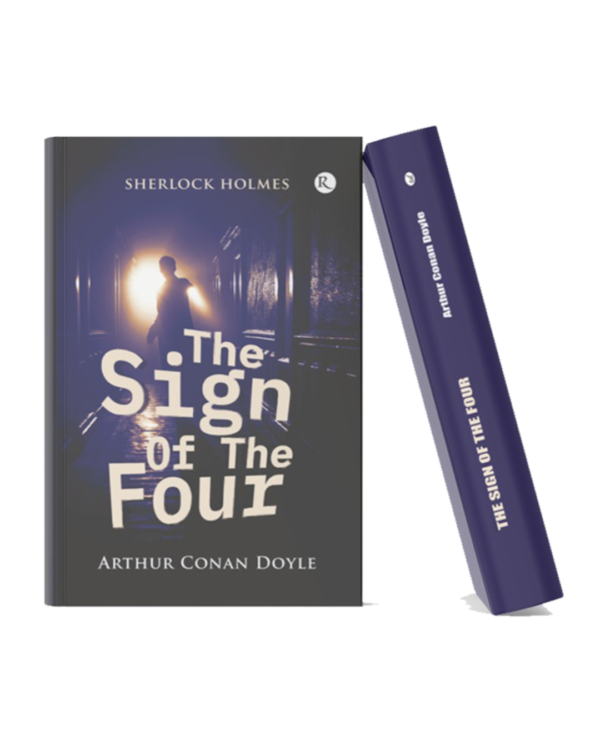 Book cover of The Sign of the Four featuring a shadowy figure in a dimly lit corridor and the author's name Arthur Conan Doyle.