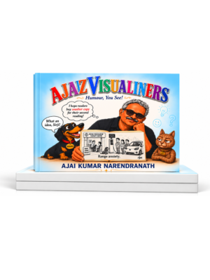 Ajaiz Visualiners – Humour, You See! Ajaiz Visualiners book mockup featuring front and back covers by Ajai Kumar Narendranath.