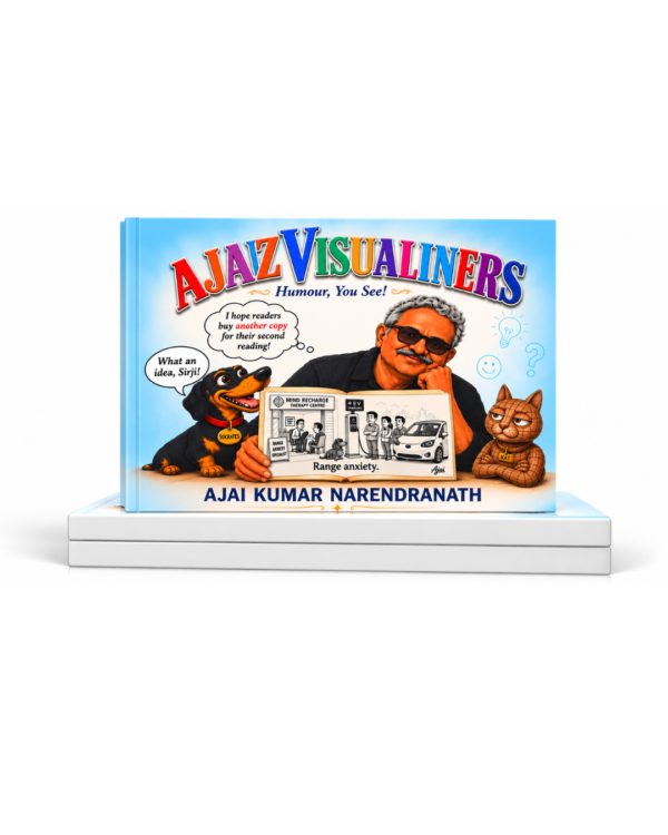 Ajaiz Visualiners – Humour, You See! Ajaiz Visualiners book mockup featuring front and back covers by Ajai Kumar Narendranath.